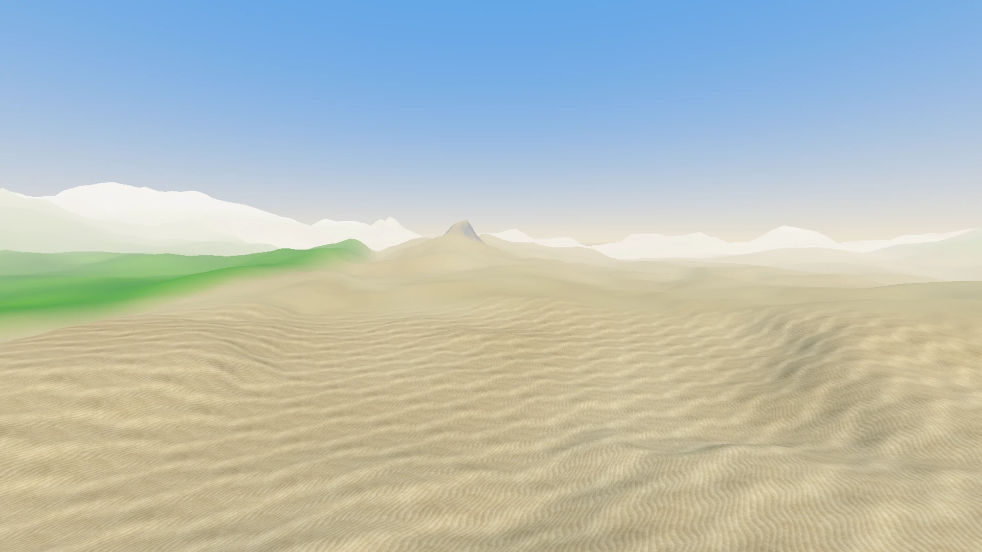 Sandy desert ground transitions toward green terrain in LiteTerrain