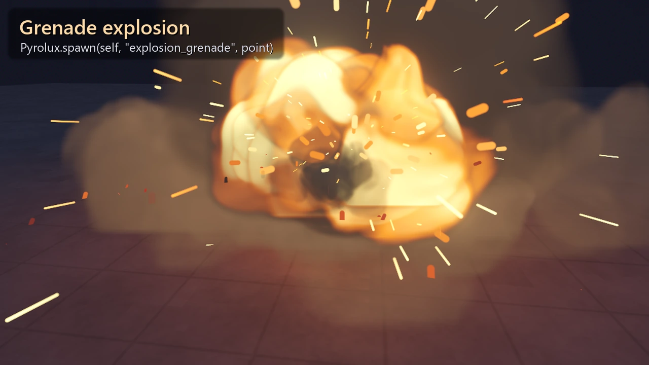Grenade explosion with flame, smoke and sparks in Pyrolux Lite