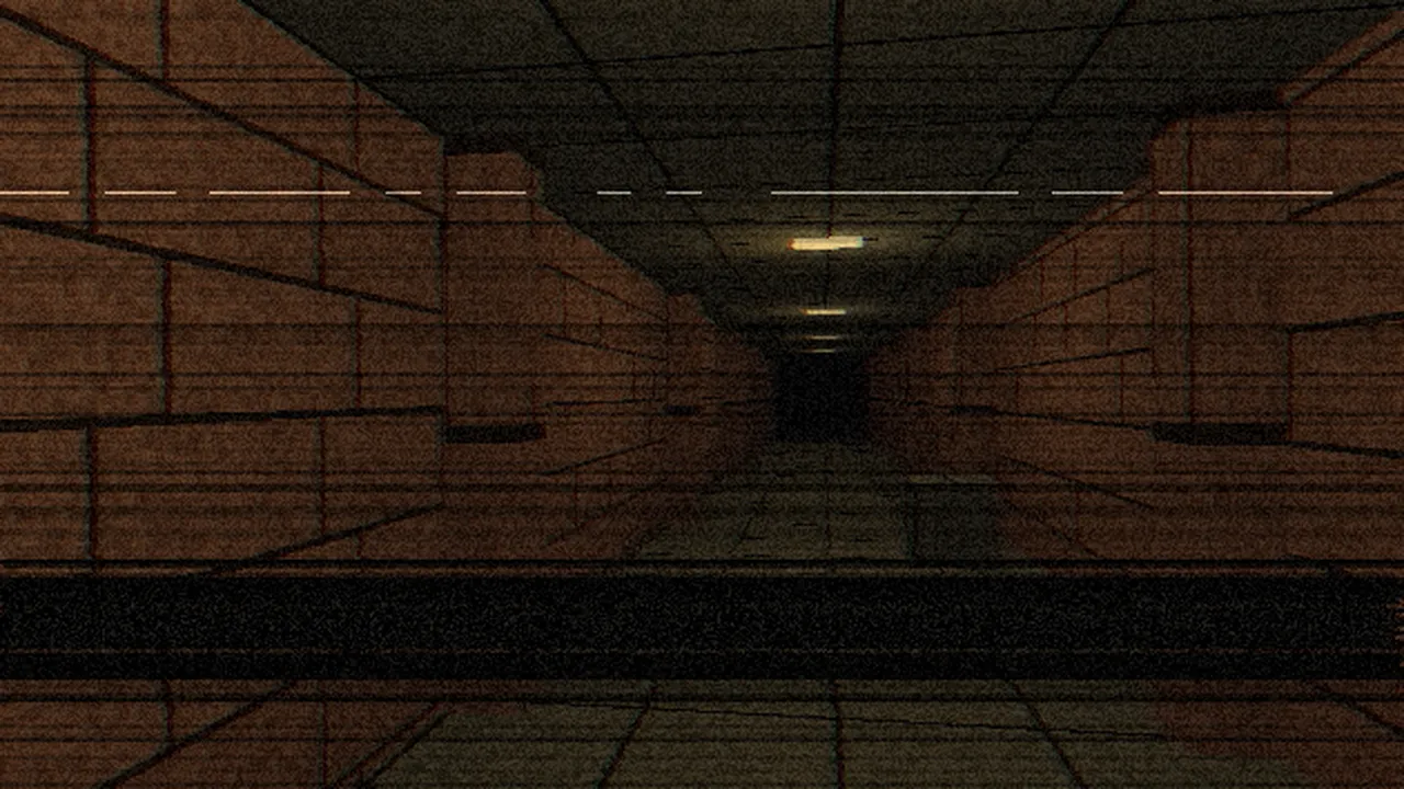ทางเดินอิฐในเกม 3D ที่มีเส้นภาพรบกวนแบบเทป VHS